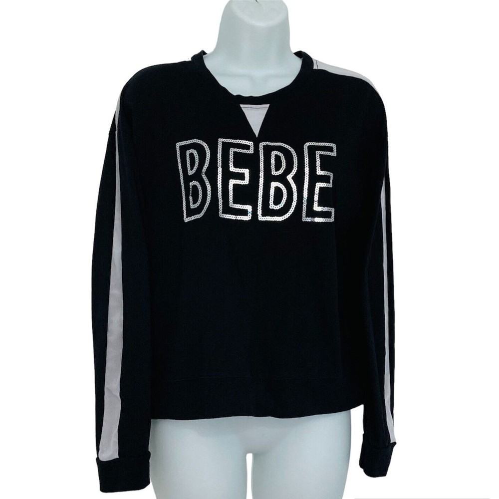 Bebe Sport Women’s Size M Sequin LOGO Black Stretch Mesh Insert Sleeve Shirt Top